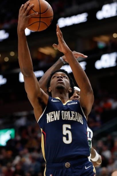 Herbert Jones of the New Orleans Pelicans shoots the ball against the Utah Jazz during a preseason game on October 11, 2021 at vivint.SmartHome Arena...