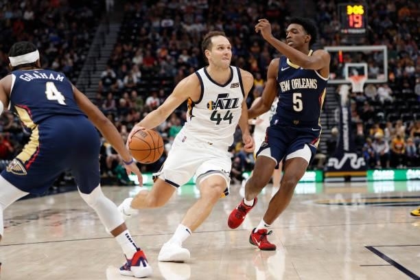 Bojan Bogdanovic of the Utah Jazz drives to the basket against the New Orleans Pelicans during a preseason game on October 11, 2021 at...