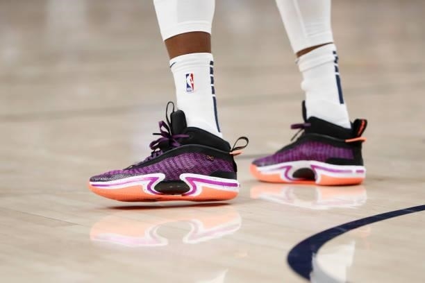 The sneakers worn by Mike Conley of the Utah Jazz during a preseason game against the New Orleans Pelicans on October 11, 2021 at vivint.SmartHome...