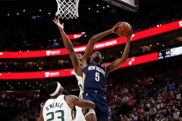 Herbert Jones of the New Orleans Pelicans drives to the basket against the Utah Jazz during a preseason game on October 11, 2021 at vivint.SmartHome...