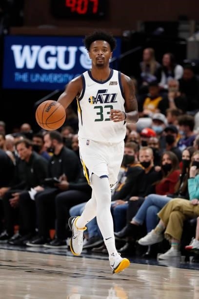 Elijah Hughes of the Utah Jazz handles the ball against the New Orleans Pelicans during a preseason game on October 11, 2021 at vivint.SmartHome...
