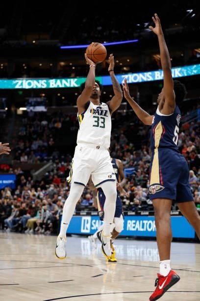 Elijah Hughes of the Utah Jazz shoots the ball against the New Orleans Pelicans during a preseason game on October 11, 2021 at vivint.SmartHome Arena...