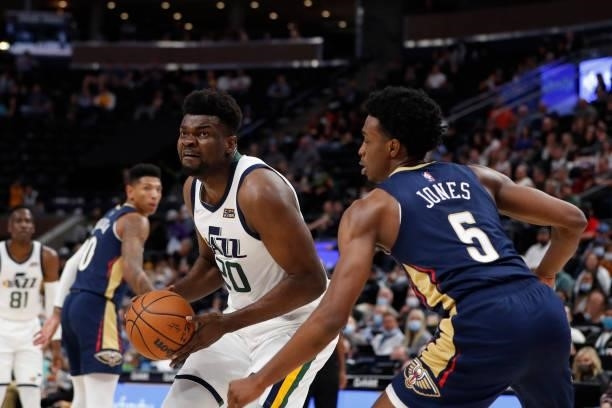 Udoka Azubuike of the Utah Jazz drives to the basket against the New Orleans Pelicans during a preseason game on October 11, 2021 at vivint.SmartHome...