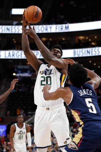 Udoka Azubuike of the Utah Jazz shoots the ball against the New Orleans Pelicans during a preseason game on October 11, 2021 at vivint.SmartHome...