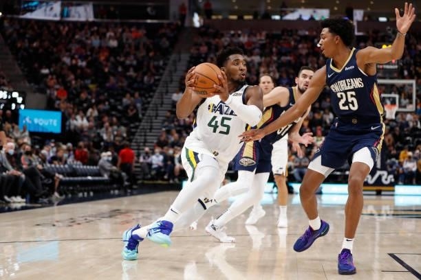 Donovan Mitchell of the Utah Jazz drives to the basket against the New Orleans Pelicans during a preseason game on October 11, 2021 at...