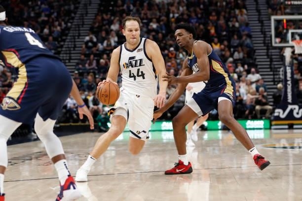 Bojan Bogdanovic of the Utah Jazz drives to the basket against the New Orleans Pelicans during a preseason game on October 11, 2021 at...