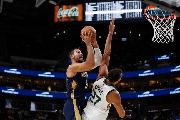 Willy Hernangomez of the New Orleans Pelicans shoots the ball against the Utah Jazz during a preseason game on October 11, 2021 at vivint.SmartHome...