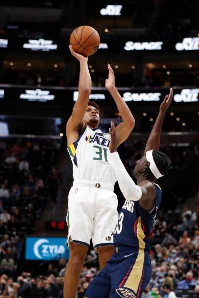 MaCio Teague of the Utah Jazz shoots the ball against the New Orleans Pelicans during a preseason game on October 11, 2021 at vivint.SmartHome Arena...