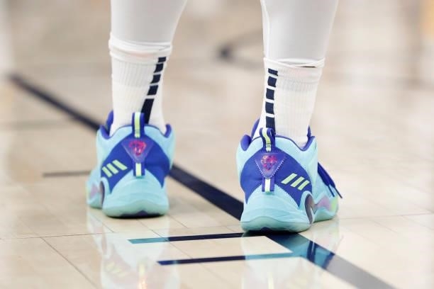 The sneakers worn by Donovan Mitchell of the Utah Jazz during a preseason game against the New Orleans Pelicans on October 11, 2021 at...