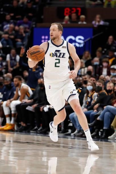 Joe Ingles of the Utah Jazz handles the ball against the New Orleans Pelicans during a preseason game on October 11, 2021 at vivint.SmartHome Arena...