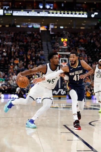 Donovan Mitchell of the Utah Jazz drives to the basket against the New Orleans Pelicans during a preseason game on October 11, 2021 at...