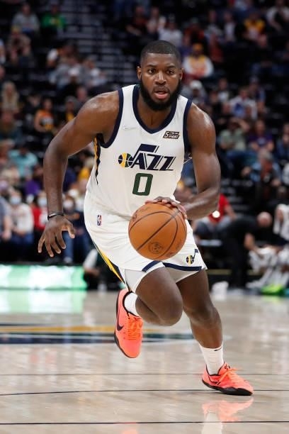 Eric Paschall of the Utah Jazz handles the ball against the New Orleans Pelicans during a preseason game on October 11, 2021 at vivint.SmartHome...