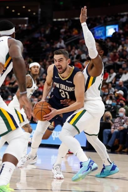Tomas Satoransky of the New Orleans Pelicans drives to the basket against the Utah Jazz during a preseason game on October 11, 2021 at...