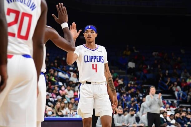 Brandon Boston Jr. #4 of the LA Clippers looks on during a preseason game against the Minnesota Timberwolves on October 11, 2021 at Toyota Arena in...