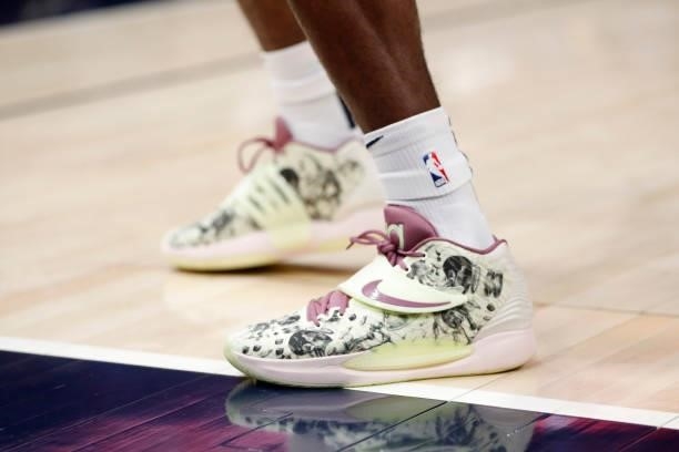 The sneakers worn by Trent Forrest of the Utah Jazz during a preseason game against the New Orleans Pelicans on October 11, 2021 at vivint.SmartHome...