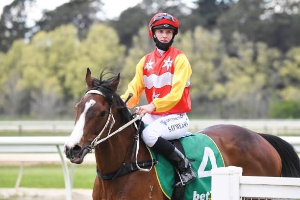 Shanae O'Meara returns to the mounting yard aboard My Divas after the running of the XXXX Gold F&M BM58 Handicap at Kyneton Racecourse on October 12,...