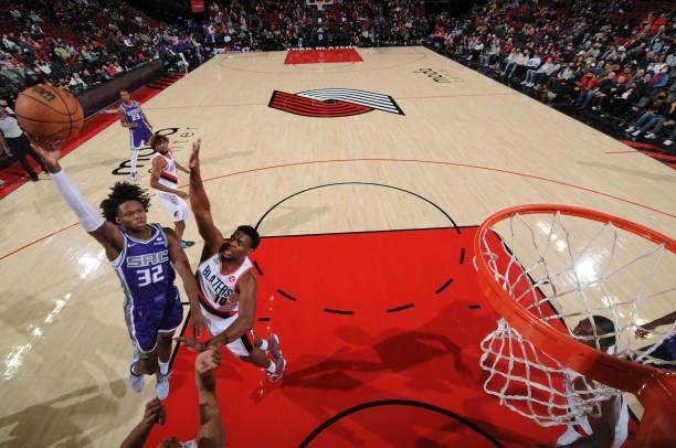 Steward of the Sacramento Kings shoots the ball against the Portland Trail Blazers during a preseason game on October 11, 2021 at the Moda Center...