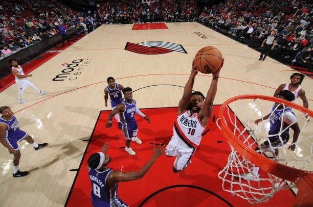 Dennis Smith Jr. #10 of the Portland Trail Blazers dunks the ball against the Sacramento Kings during a preseason game on October 11, 2021 at the...