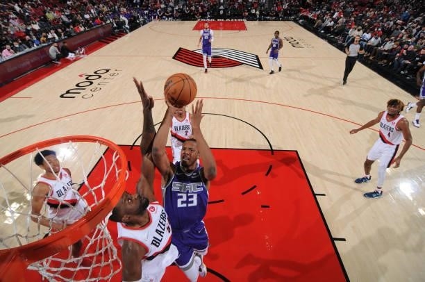 Louis King of the Sacramento Kings shoots the ball against the Portland Trail Blazers during a preseason game on October 11, 2021 at the Moda Center...