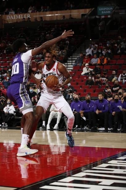 Greg Brown III of the Portland Trail Blazers drives to the basket against the Sacramento Kings during a preseason game on October 11, 2021 at the...