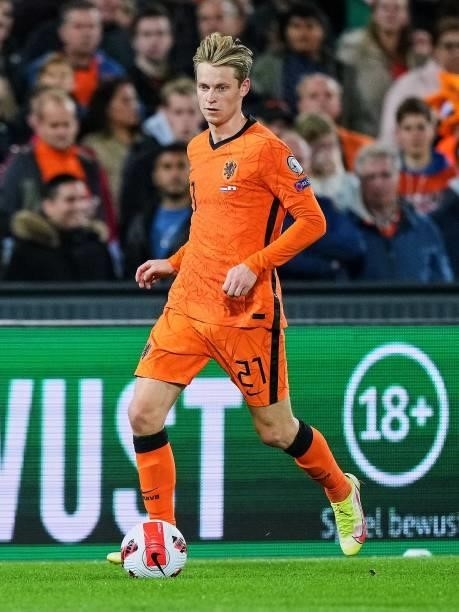 Frenkie de Jong of Holland detached at the ball during the World Cup qualifier match between the Netherlands and Gibraltar at Feyenoord Stadium de...