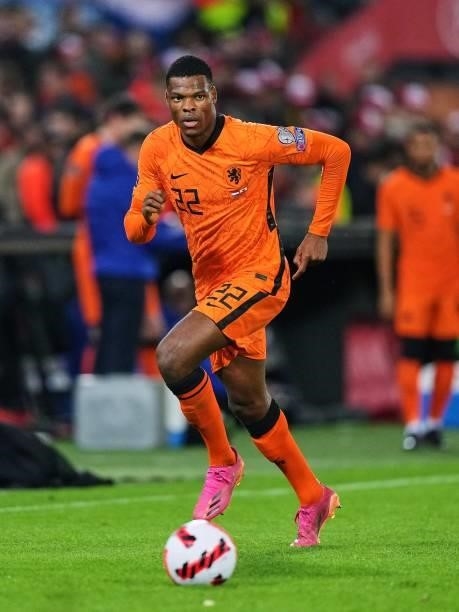 Denzel Dumfries of Holland detached at the ball during the World Cup qualifier match between the Netherlands and Gibraltar at Feyenoord Stadium de...