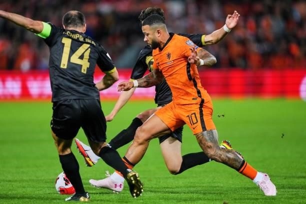 Roy Chipolina of Gibraltar, Memphis Depay of Holland during the World Cup qualifier match between the Netherlands and Gibraltar at Feyenoord Stadium...
