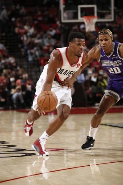 Dennis Smith Jr. #10 of the Portland Trail Blazers drives to the basket against the Sacramento Kings during a preseason game on October 11, 2021 at...