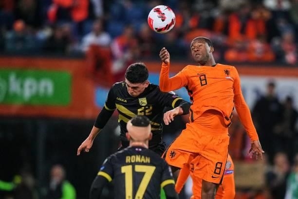Graeme Torrilla of Gibraltar, Georginio Wijnaldum of Holland during the World Cup qualifier match between the Netherlands and Gibraltar at Feyenoord...