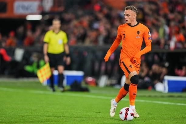 Noa Lang of Holland detached at the ball during the World Cup qualifier match between the Netherlands and Gibraltar at Feyenoord Stadium de Kuip on...