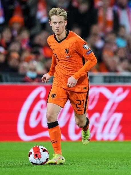 Frenkie de Jong of Holland detached at the ball during the World Cup qualifier match between the Netherlands and Gibraltar at Feyenoord Stadium de...