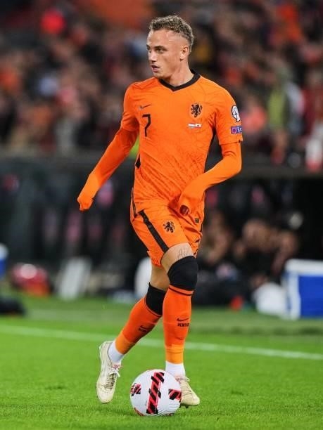 Noa Lang of Holland detached at the ball during the World Cup qualifier match between the Netherlands and Gibraltar at Feyenoord Stadium de Kuip on...