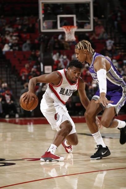 Dennis Smith Jr. #10 of the Portland Trail Blazers handles the ball against the Sacramento Kings during a preseason game on October 11, 2021 at the...