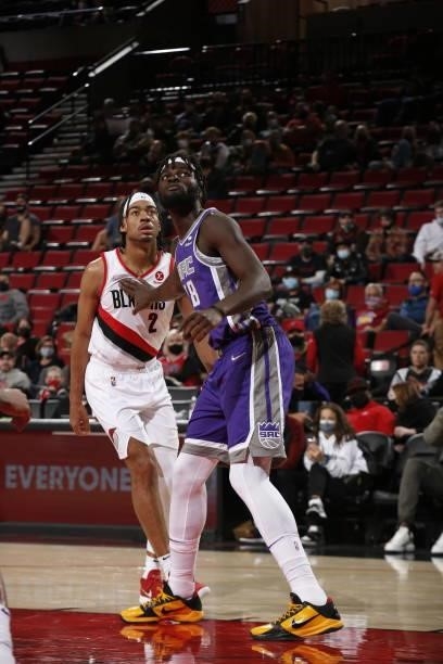 Neemias Queta of the Sacramento Kings looks on during a preseason game against the Portland Trail Blazers on October 11, 2021 at the Moda Center...