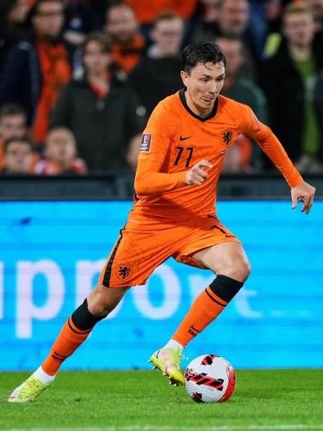 Steven Berghuis of Holland detached at the ball during the World Cup qualifier match between the Netherlands and Gibraltar at Feyenoord Stadium de...