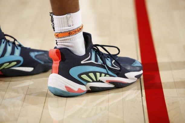 The sneakers worn by Greg Brown III of the Portland Trail Blazers during a preseason game against the Sacramento Kings on October 11, 2021 at the...