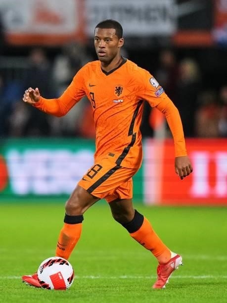 Georginio Wijnaldum of Holland detached at the ball during the World Cup qualifier match between the Netherlands and Gibraltar at Feyenoord Stadium...