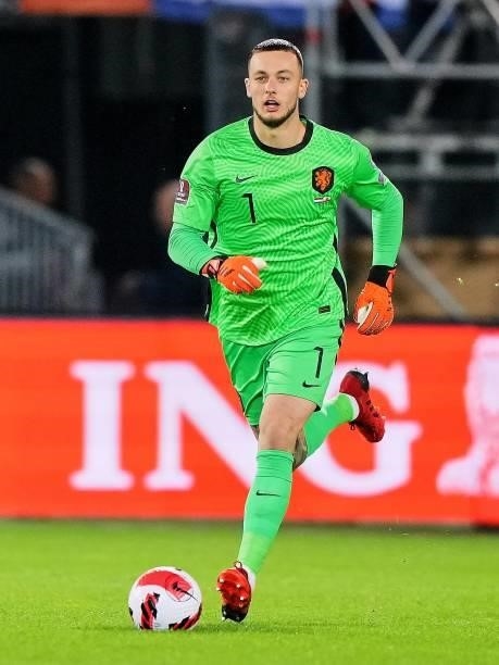 Holland goalkeeper Justin Bijlow detached at the ball during the World Cup qualifier match between the Netherlands and Gibraltar at Feyenoord Stadium...