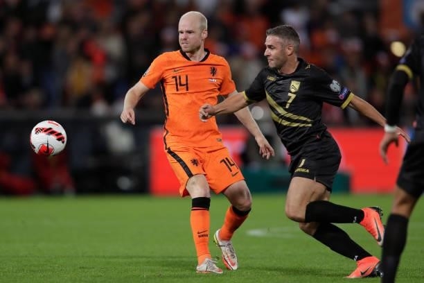 Davy Klaassen of Holland, Lee Casciaro of Gibraltar during the World Cup Qualifier match between Holland v Gibraltar at the De Kuip on October 11,...