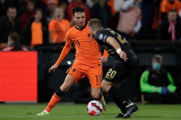 Steven Berghuis of Holland, Ethan Britto of Gibraltar during the World Cup Qualifier match between Holland v Gibraltar at the De Kuip on October 11,...