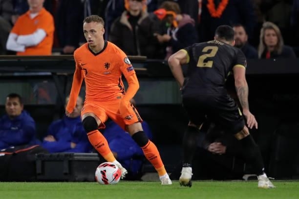 Noa Lang of Holland, Jamie Bosio of Gibraltar during the World Cup Qualifier match between Holland v Gibraltar at the De Kuip on October 11, 2021 in...