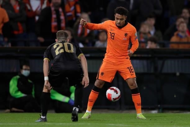 Ethan Britto of Gibraltar, Donyell Malen of Holland during the World Cup Qualifier match between Holland v Gibraltar at the De Kuip on October 11,...