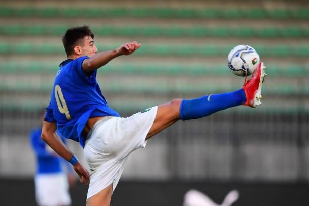 Lorenzo Lucca of Italy scores his team's first goal during the 2022 UEFA European Under-21 Championship Qualifier match between Italy and Sweden at...