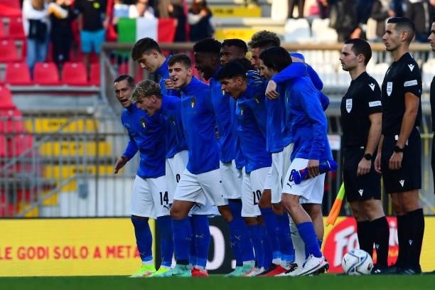 Italy Team during national anthem during the 2022 UEFA European Under-21 Championship Qualifier match between Italy and Sweden at Stadio Brianteo on...