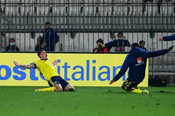 Tim Prica of Sweden celebrates after scoring his team's first goal during the 2022 UEFA European Under-21 Championship Qualifier match between Italy...