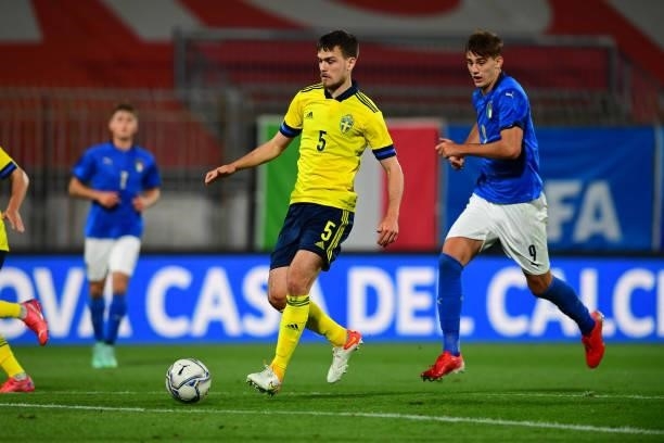 Pavle Vagic of Sweden controls the ball during the 2022 UEFA European Under-21 Championship Qualifier match between Italy and Sweden at Stadio...