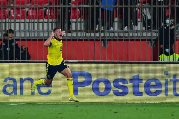 Tim Prica of Sweden celebrates after scoring his team's first goal during the 2022 UEFA European Under-21 Championship Qualifier match between Italy...