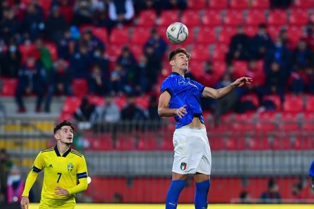 Lorenzo Lucca of Italy controls the ball during the 2022 UEFA European Under-21 Championship Qualifier match between Italy and Sweden at Stadio...