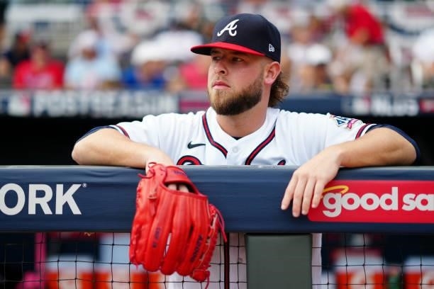 Minter of the Atlanta Braves looks on from the dugout prior to Game 4 of the NLDS between the Milwaukee Brewers and the Atlanta Braves at Truist Park...