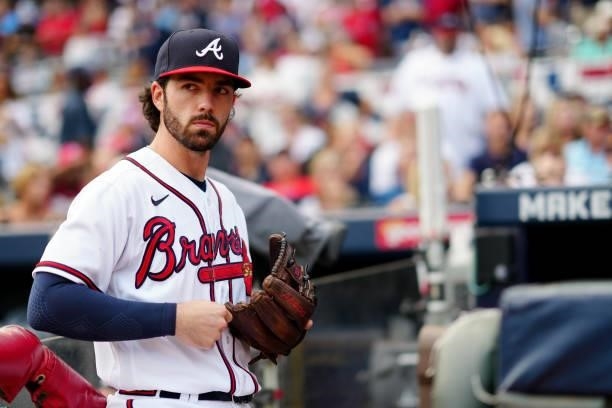 Dansby Swanson of the Atlanta Braves looks on prior to Game 4 of the NLDS between the Milwaukee Brewers and the Atlanta Braves at Truist Park on...